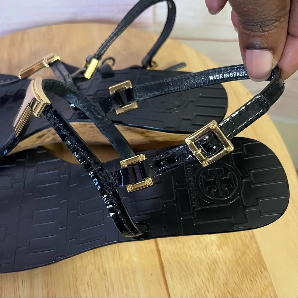 Tory Burch Black Ankle Strap Cork Wedge Sandal‎ Size 7 - Picture 11 of 13